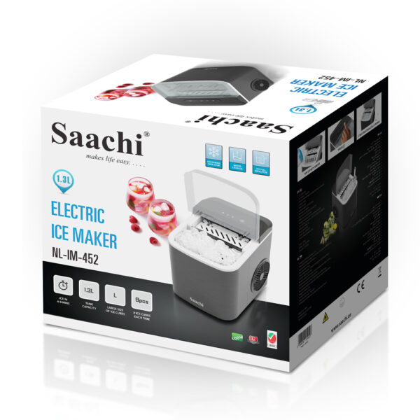 Saachi Electric Ice Maker, 1.3 Liters Water Tank Capacity, Dispenses 9pcs Bullet-shaped Ice every 6 minutes, 12 Kgs Ice in 24 Hours, Removable Ice Basket NL-IM-452-GY - Image 4